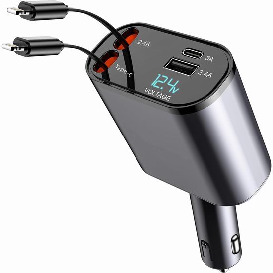  历史新低！Teilybao 120W 可伸缩充电线 四合一 车载快速USB充电器4折 23.99加元包邮！