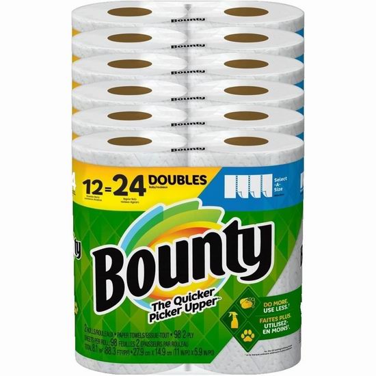  历史新低！Bounty select-a-size 双层厨房用纸12卷装6.9折 22.76加元！相当于普通24卷！