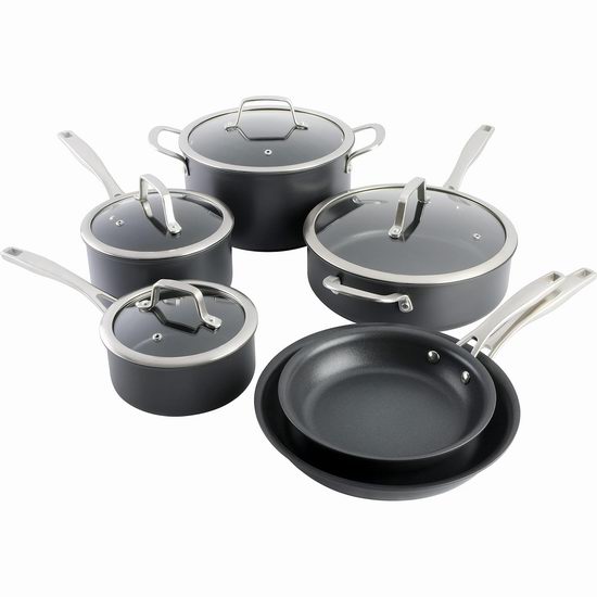  历史新低！Kenmore Pro Arbor Heights 7层硬质阳极氧化 铂金不粘底锅具10件套4.1折 99加元包邮！