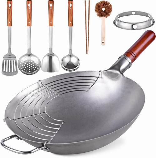  Teewe  13.4英寸传统手锤碳钢中式圆底炒锅 带8件炊具 43.99加元（原价 62.99加元）+包邮