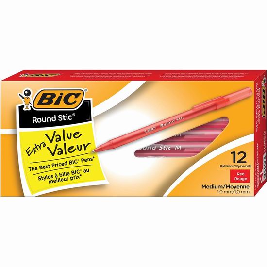  BIC 中号笔尖 红色圆珠笔12支装4.8折 1.95加元！