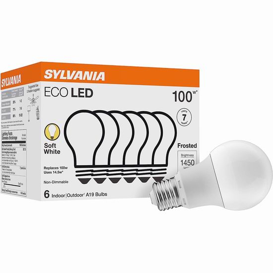  白菜价！Sylvania ECO A19 100瓦等效 软白色LED节能灯泡6件套3.4折 10.21加元！单个仅1.65加元！