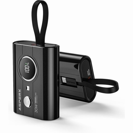  白菜价！历史新低！AsperX 10000mAh PD 30W 内置充电线 超便携充电宝3.5折 15.97加元包邮！2色可选！