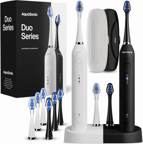  黑五价！AquaSonic Duo 美白 40,000 VPM 无线充电电动牙刷2件套+ 10个刷头 + 2个旅行盒 59.95加元（原价 89.95加元）