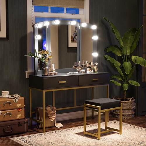  史低价！Semiocthome 金色框架 黑色梳妆台+凳  带LED灯镜 + 2个抽屉 269.99加元（原价 399.99加元）+包邮