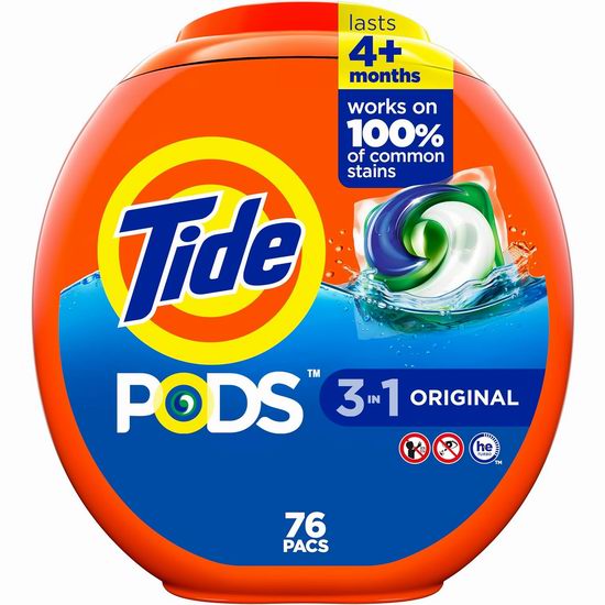  Tide PODS 汰渍3合1洗衣球（76粒）7.2折 18.02加元！单粒仅0.24加元！