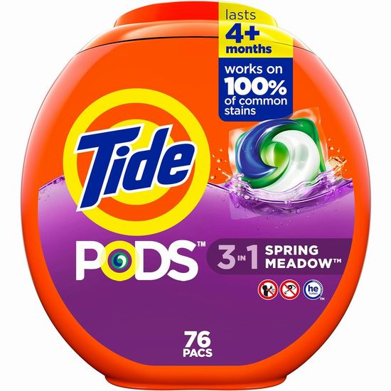  历史新低！Tide PODS 春草香味 汰渍3合1洗衣球（76粒）6.2折 15.43加元！