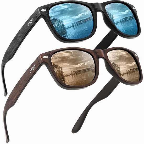  历史新低！JFXQDR UV400 复古仿木纹偏光太阳镜1-2件套5折 16.49-26.49加元！多色可选！