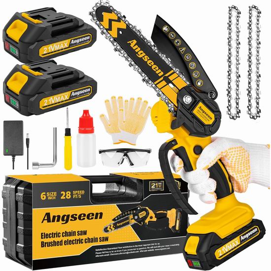  Angseen 6英寸 修枝利器 迷你无绳链锯6.4折 63.98加元包邮！配送2个锂电池、手套、护目镜！