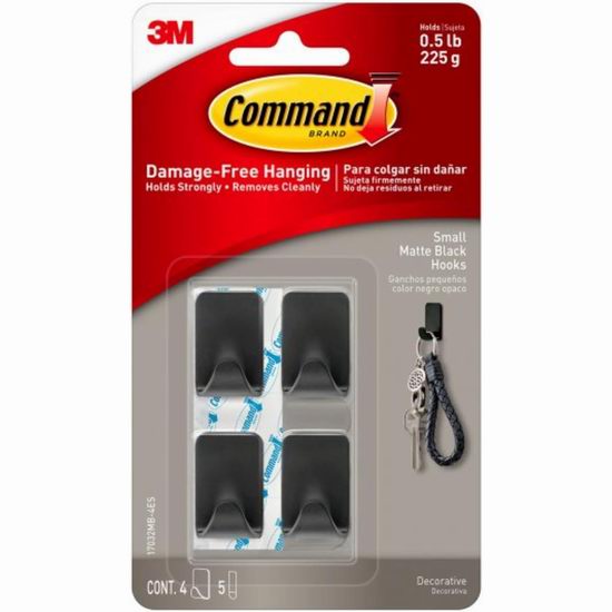  史低白菜价！3M Command 无损墙面 哑光黑小挂钩4件套3折 3加元！