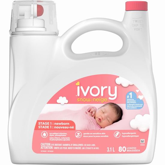  Tide 汰渍 Ivory Snow 防过敏婴儿洗衣液（80缸）5.2折 12.97加元（原价 24.97加元）