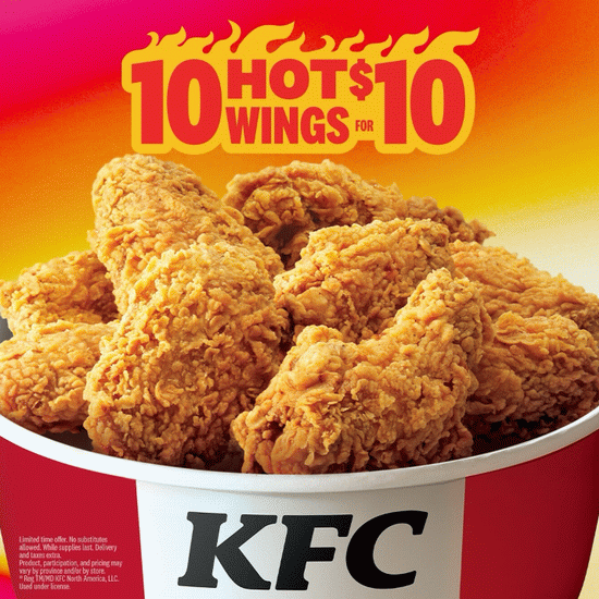 KFC 肯德基限时促销，香辣鸡翅10只仅需$10！支持店内自取！