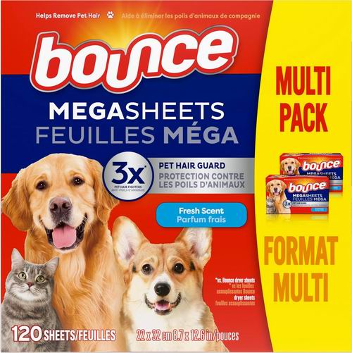  史低价！Bounce  有效去宠物毛发 超强烘干纸120片 9.49加元（原价 12.99加元）