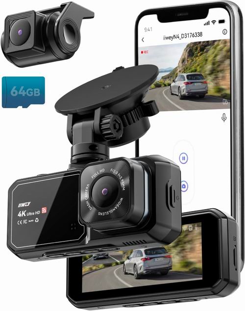  史低价！iiwey 4K UHD  行车记录仪 前后摄像头 75.99加元（原价 99.99加元）