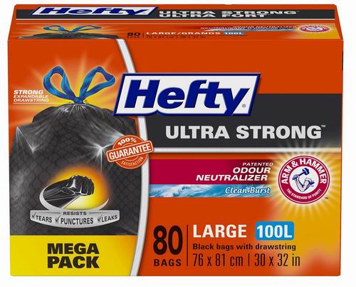  Hefty 100升黑色超强大号垃圾袋 80袋 带Arm & Hammer 除臭剂  24.69加元（原价 35.99加元）