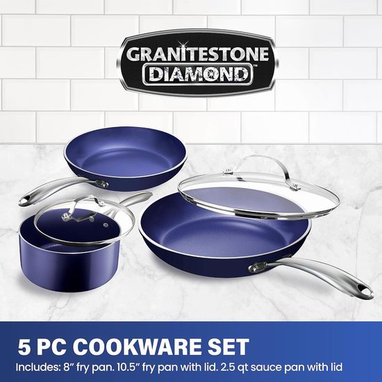  历史新低！Granitestone 钻石注入 花岗岩不粘涂层锅具5件套3.4折 29加元清仓！可使用金属锅铲！