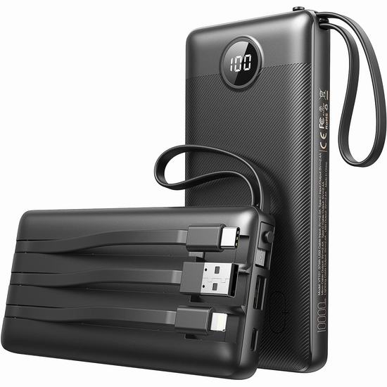  历史新低！VEEKTOMX 10000mAh 便携式移动电源/充电宝4折 15.99加元！内置3条充电线！3色可选！