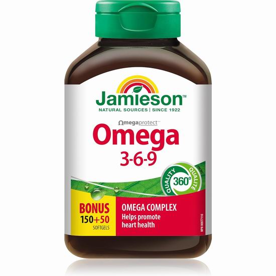 白菜价！Jamieson 健美生 OmegaProtect Omega 3-6-9鱼油（200粒）3.3折 9.49加元！
