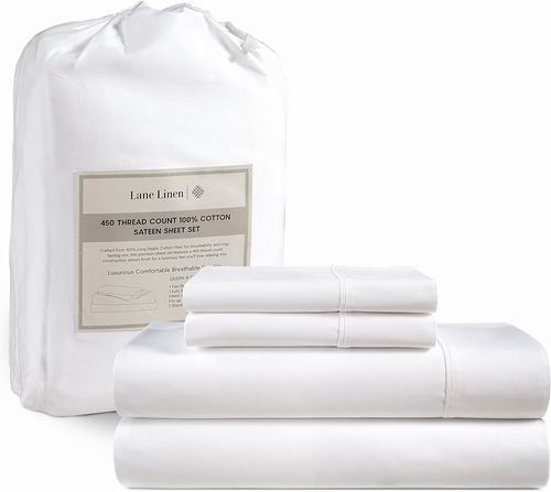 Lane Linen   450支纯棉缎 Queen 床单 4件套 59.49加元（原价 79.99加元）