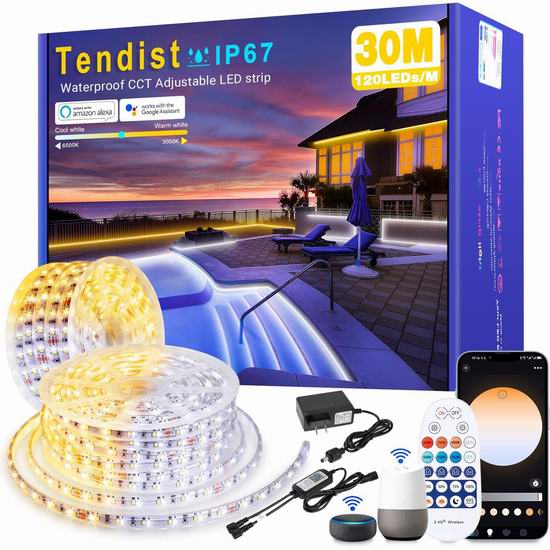  白菜价！历史新低！TENDIST 30米 冷暖白 室外智能LED灯带3.5折 26.59加元包邮！