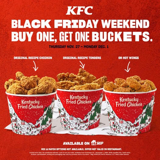 KFC 肯德基黑五大促,全场炸鸡桶买一送一!