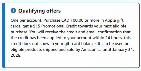 最后一天!购Apple苹果礼品卡,送价值15加元亚马逊消费券!