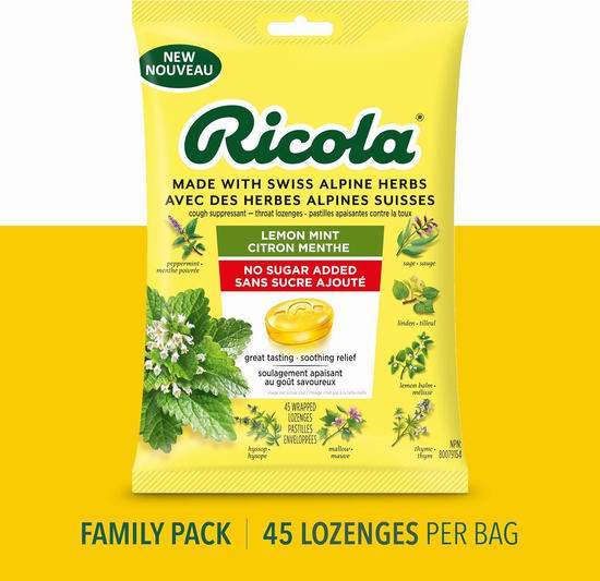  Ricola 蜂蜜柠檬紫锥菊止咳润喉糖（45粒）7.5折 6加元！2款可选！