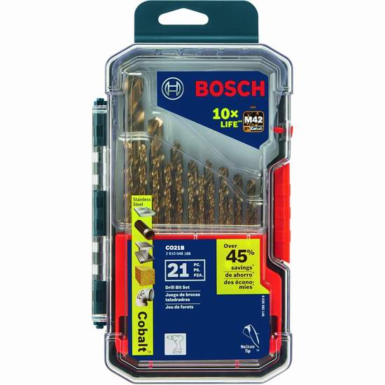  历史新低！BOSCH 博世 CO21B 超耐用 钴M42钻头21件套 49.95加元包邮！延长10倍使用寿命！