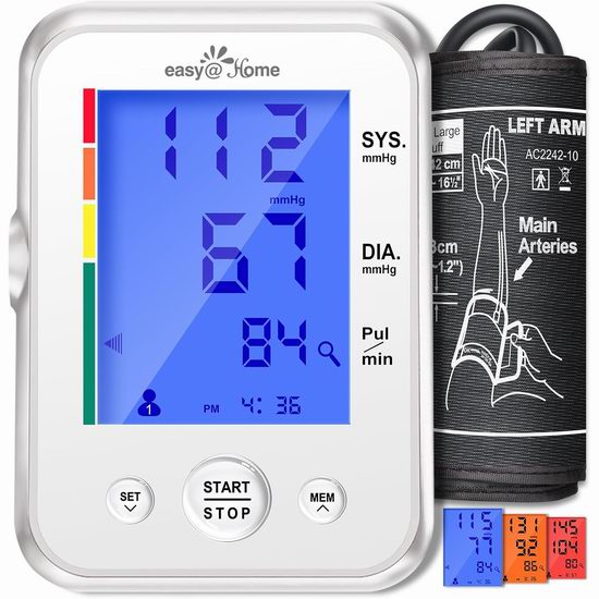 历史新低！Easy@Home EBP-095L 上臂数字式电子血压计5.4折 35.99加元包邮！2色可选！