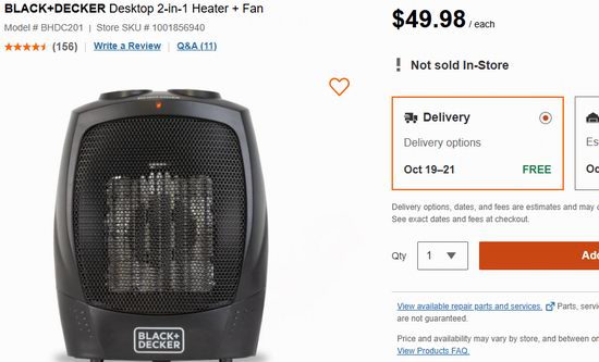 BLACK+DECKER 1500瓦便携式电取暖器6.7折 33.76加元!