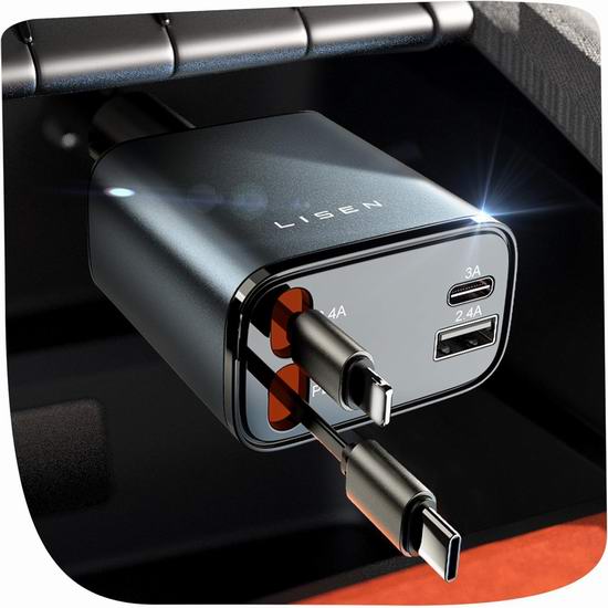  LISEN 69W USB C 4合1 伸缩式车载快速充电器5.9折 18.88-20.99加元！