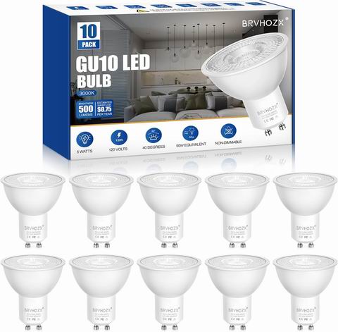  BRVHOZX GU10  3000K 暖白光LED灯泡 10件套 19.99加元（原价 29.99加元）！每件1.99加元