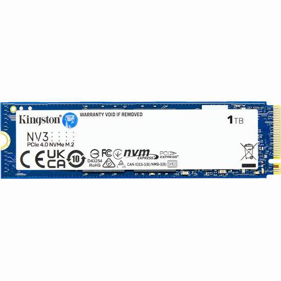  Kingston 金士顿 NV3 1TB M.2 2280 NVMe SSD 固态硬盘7.3折 73.4加元包邮！