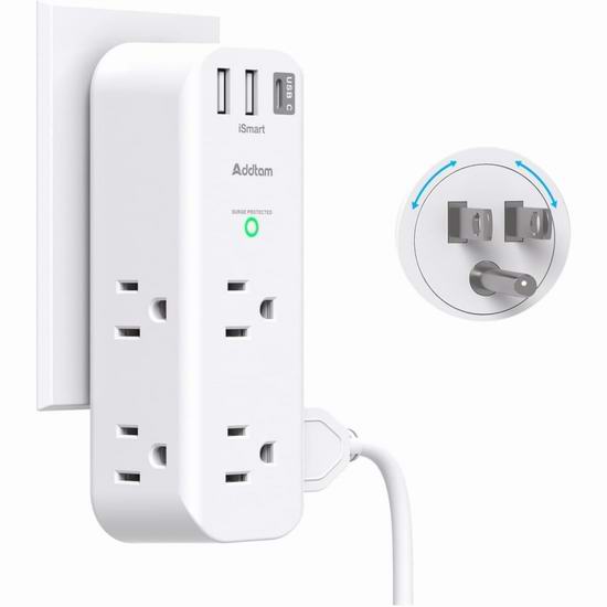  历最低价！Addtam 6 插座口 +3 USB 充电口 浪涌保护 墙插式插线板5折 14.99加元！2色可选！