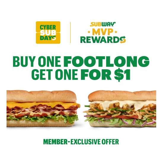  畅享双倍美味！Subway Footlong 赛百味三明治 第二件仅需$1+购礼品卡送$5！