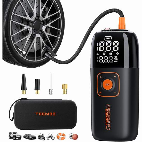  白菜价！历史新低！TEEMOO 150PSI 可充电 多用途汽车轮胎充气泵2.5折 19.99加元包邮！