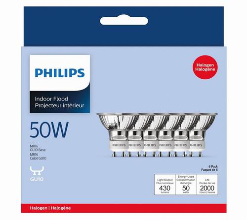  Philips 飞利浦50W GU10卤素泛光灯泡6件装 7加元（原价 15.67加元）