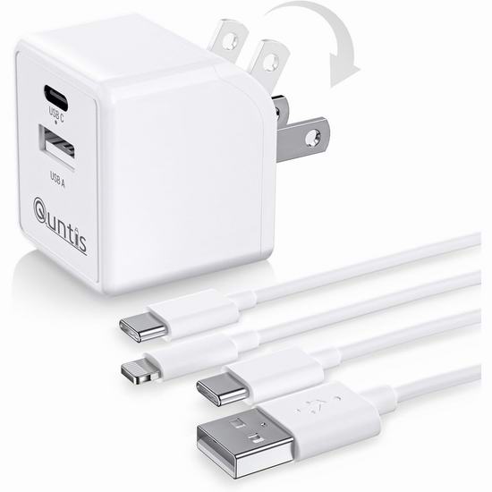  白菜价！历史新低！Quntis Mfi 认证 15W 双口USB快速充电器3.7折 6.99加元清仓！送充电线2件套！