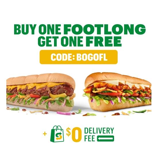 畅享双倍美味！Subway Footlong 赛百味三明治买一送一+免运费！购礼卡再送三明治！