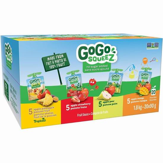  历史新低！GoGo squeeZ 水果果泥锦装（20袋, 1.8公斤）4.7折 9.47加元！比Costco便宜8加元！