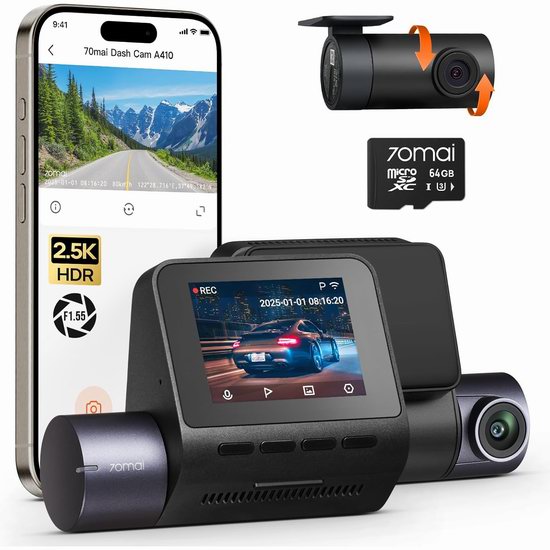 历史新低！新品促销 70mai 小米70迈 A410 2.5K+1080P 前后双摄 Wi-Fi GPS 行车记录仪5折 89.99加元包邮！送64GB储存卡！