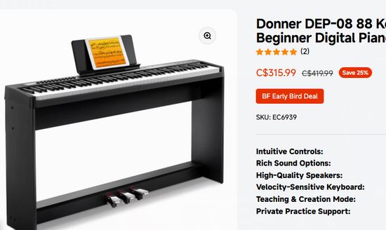 历史新低!Donner DEP-08 88键力度感应 电钢琴7.1折 299.19加元包邮!