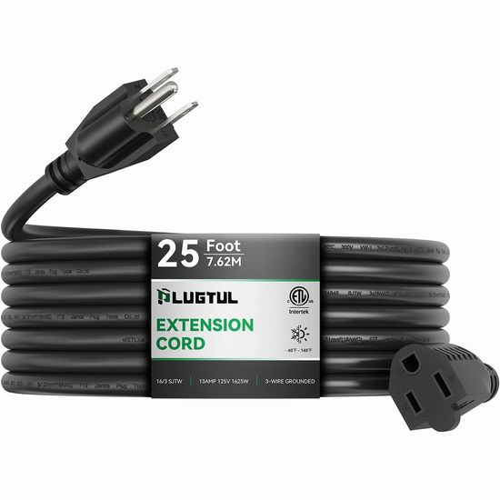  白菜价！历史新低！PLUGTUL 13A 1625W 25英尺防水电源延长线3.4折 9.99加元！