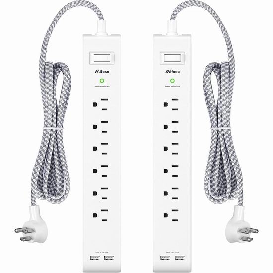  历史新低！Mifaso 6插座 + 2 USB充电 电涌保护 插线板2件套5.6折 25.99加元！