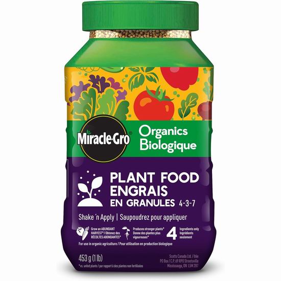  历史新低！Miracle-Gro Organics 4-3-7 有机植物肥料颗粒（453克）5.5折 6.64加元！