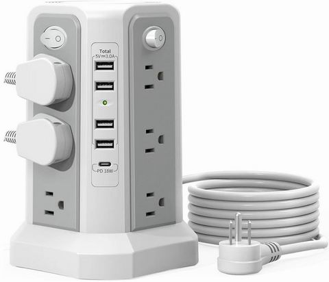  PASSUS 塔式电源板 电涌保护器 12个插座+5个USB端口 30.99加元（原价 39.99加元）