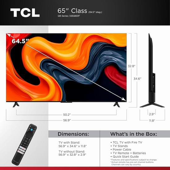 历史新低!TCL 65Q651F 65英寸 Q6 QLED 4K 量子点 智能电视6.2折 499.99加元包邮!