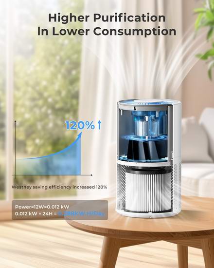 历史新低!WESTHEY H13 True HEPA 大空间空气净化器4.4折 65.99加元包邮