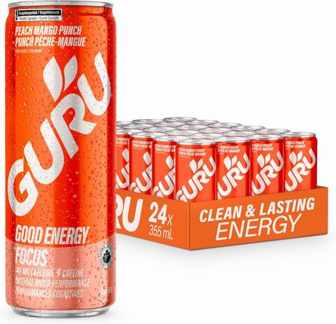 GURU 桃芒果味有机能量饮料355毫升 × 24瓶 47.97加元(原价 68.9加元)!每瓶1.99加元