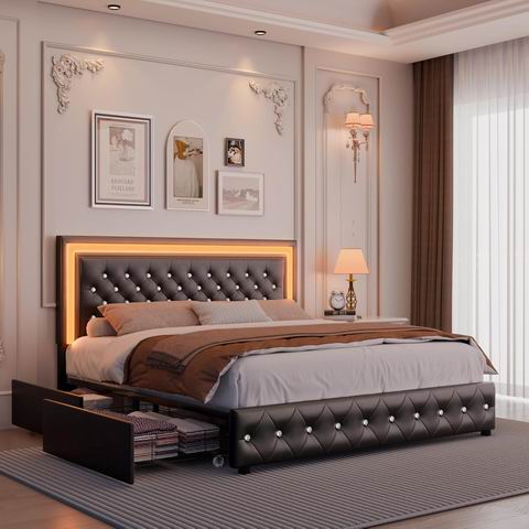 史低！ALLHOMWIE  Queen PU软包菱形绗缝床头板+床架 带4个储物抽屉+灯光音乐 359.99加元（原价 439加元）